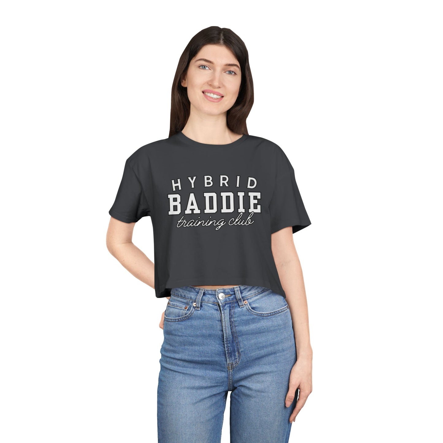 Hybrid Baddie Training Club Crop Tee — white letters