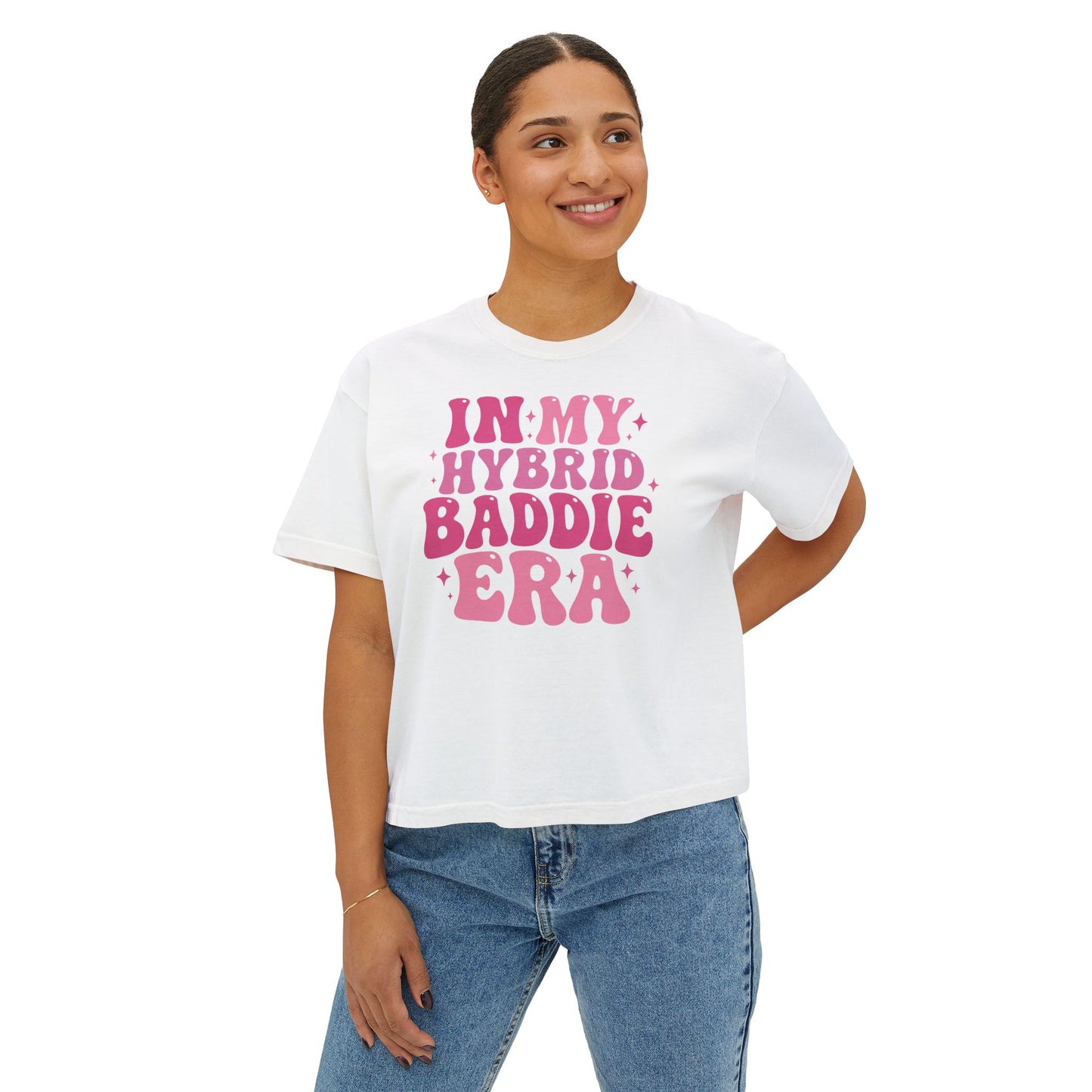 "In My Hybrid Baddie Era" Women's Boxy Tee – Cute Pink Retro Graphic Crop Top