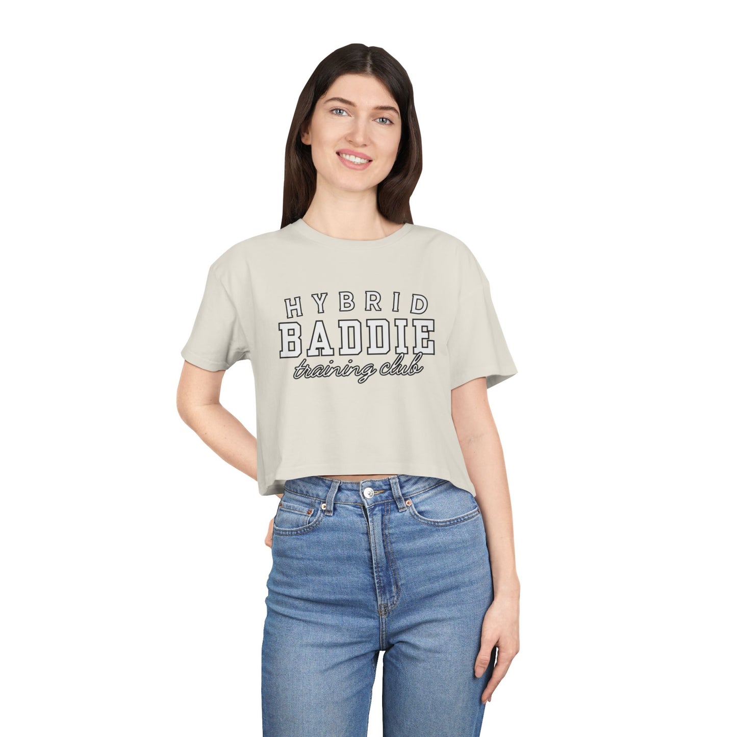 Hybrid Baddie Training Club Crop Tee — white letters
