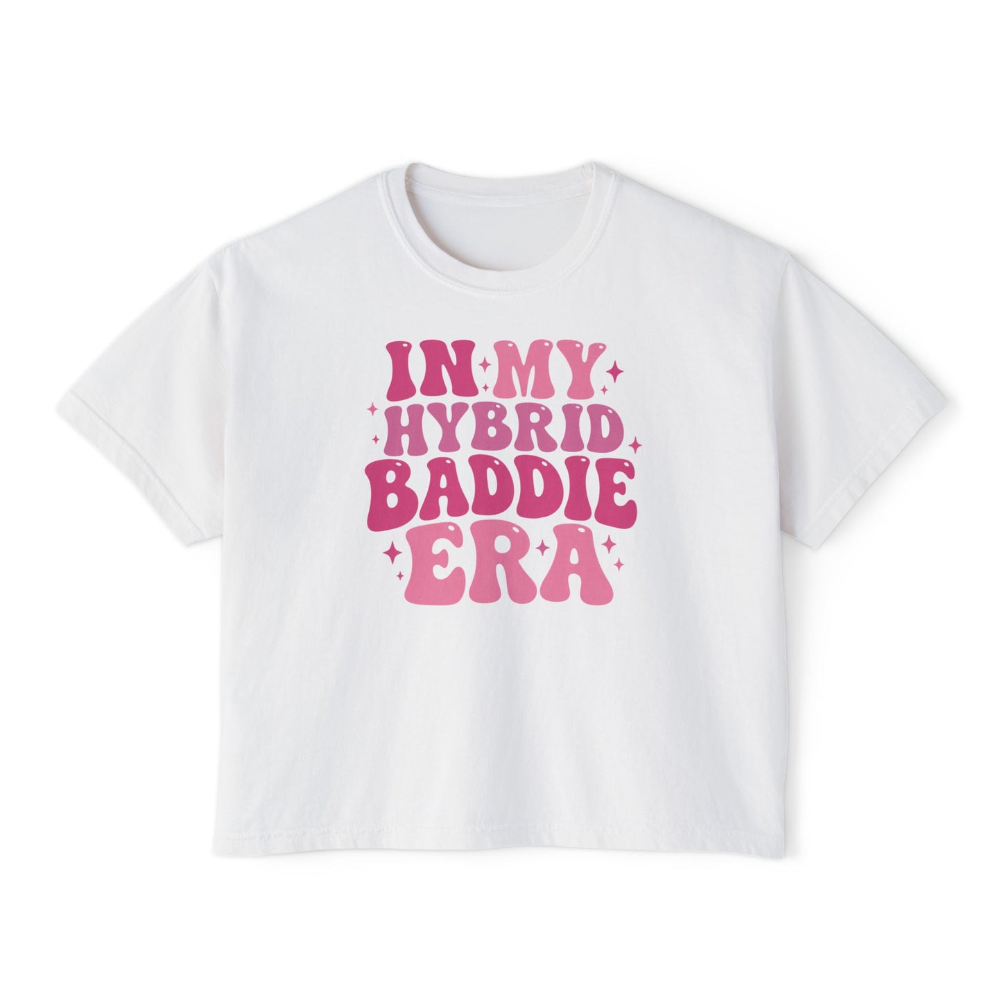 "In My Hybrid Baddie Era" Women's Boxy Tee – Cute Pink Retro Graphic Crop Top